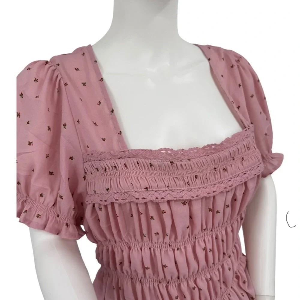FREE PEOPLE New‎ Large Adore You Blouse Smocked Peplum Pink Floral Cottagecore